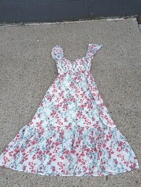 NWT Better Together White Maxi Dress with Pink Floral & Green Leaves Size S